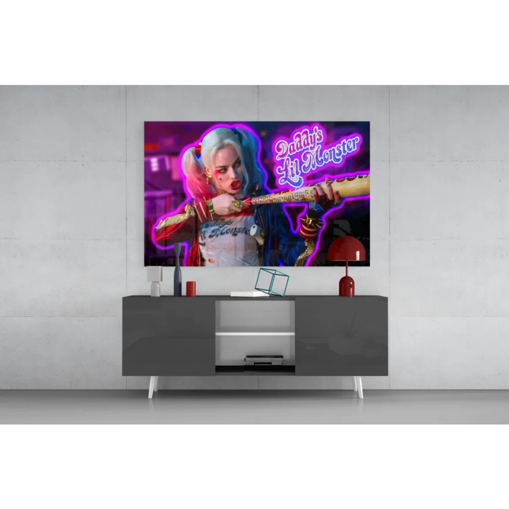 Vibrant Harley Quinn neon glass wall art print above gray console