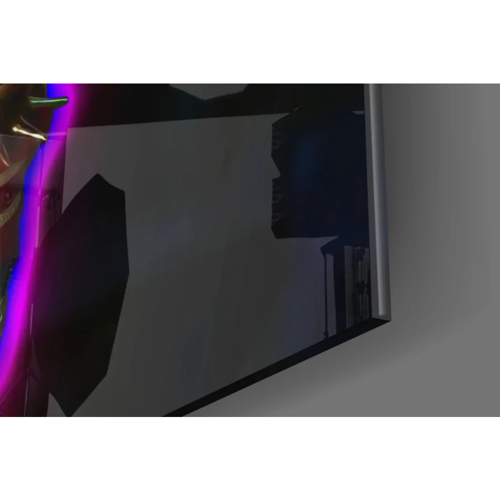 Sleek Harley Quinn neon glass wall art with dark frame and metallic edge