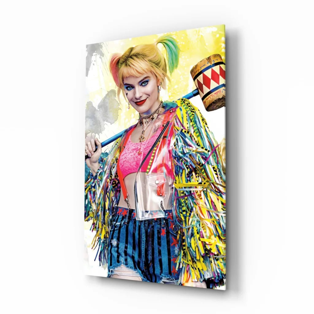 Vibrant Harley Quinn canvas wall art with rainbow jacket, mallet and pigtails