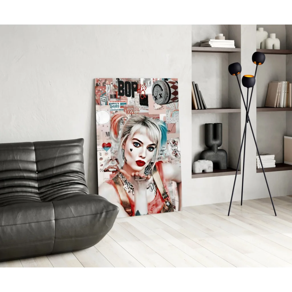 Vibrant Harley Quinn pop art wall glass print with blonde blue hair