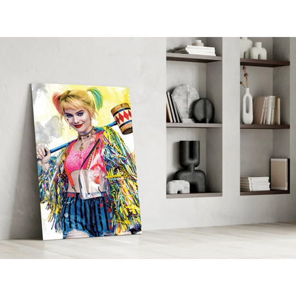 Vibrant Harley Quinn canvas wall art with mallet, pigtails, fringed jacket, striped shorts