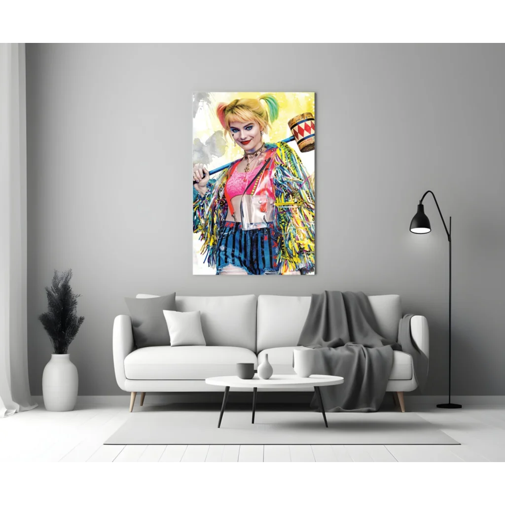 Harley Quinn vibrant watercolor canvas wall art with mallet and pigtails