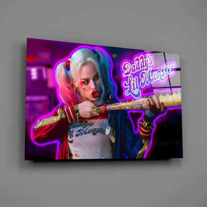 Harley Quinn neon glass wall art canvas print with pink outline and bat