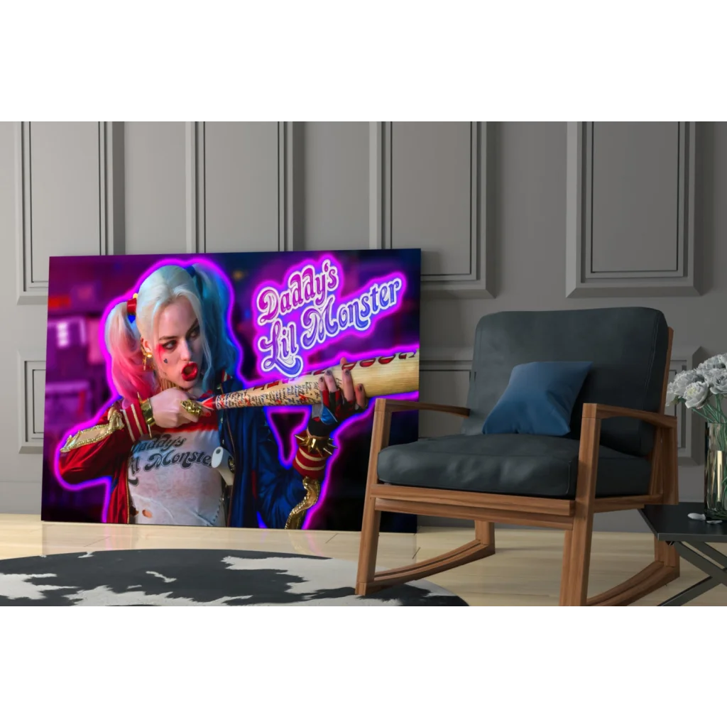 Harley Quinn neon glass wall art canvas print in pink purple frame