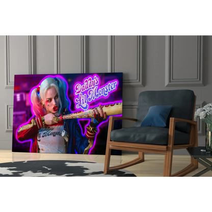Harley Quinn neon glass wall art canvas print in pink purple frame