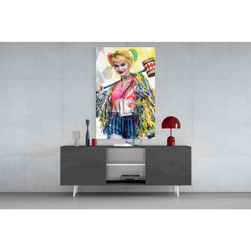 Vibrant Harley Quinn canvas wall art with mallet, pigtails, fringe jacket