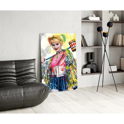 Vibrant Harley Quinn canvas wall art with rainbow pigtails and mallet