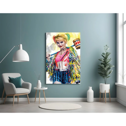 Vibrant Harley Quinn canvas wall art with mallet, pigtails and rainbow jacket