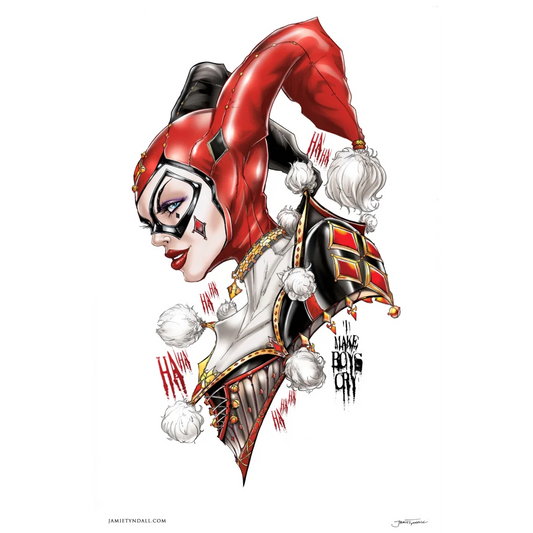Stylized Harley Quinn jester art print on brushed aluminum