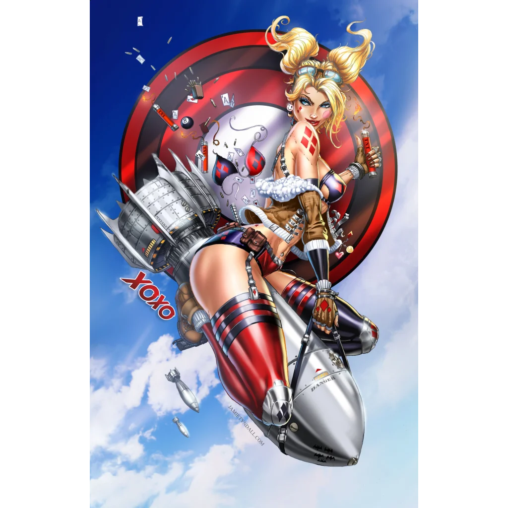 Harley Quinn with silver wings on red black outfit riding brushed aluminum jetpack art print