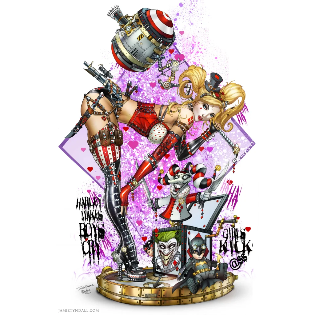 Harley Quinn and Joker on brushed aluminum wall art print