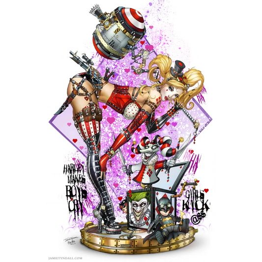 Harley Quinn and Joker on brushed aluminum wall art print