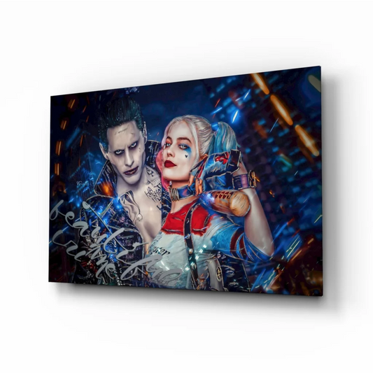Joker and Harley Quinn glass wall art canvas print on vibrant cityscape
