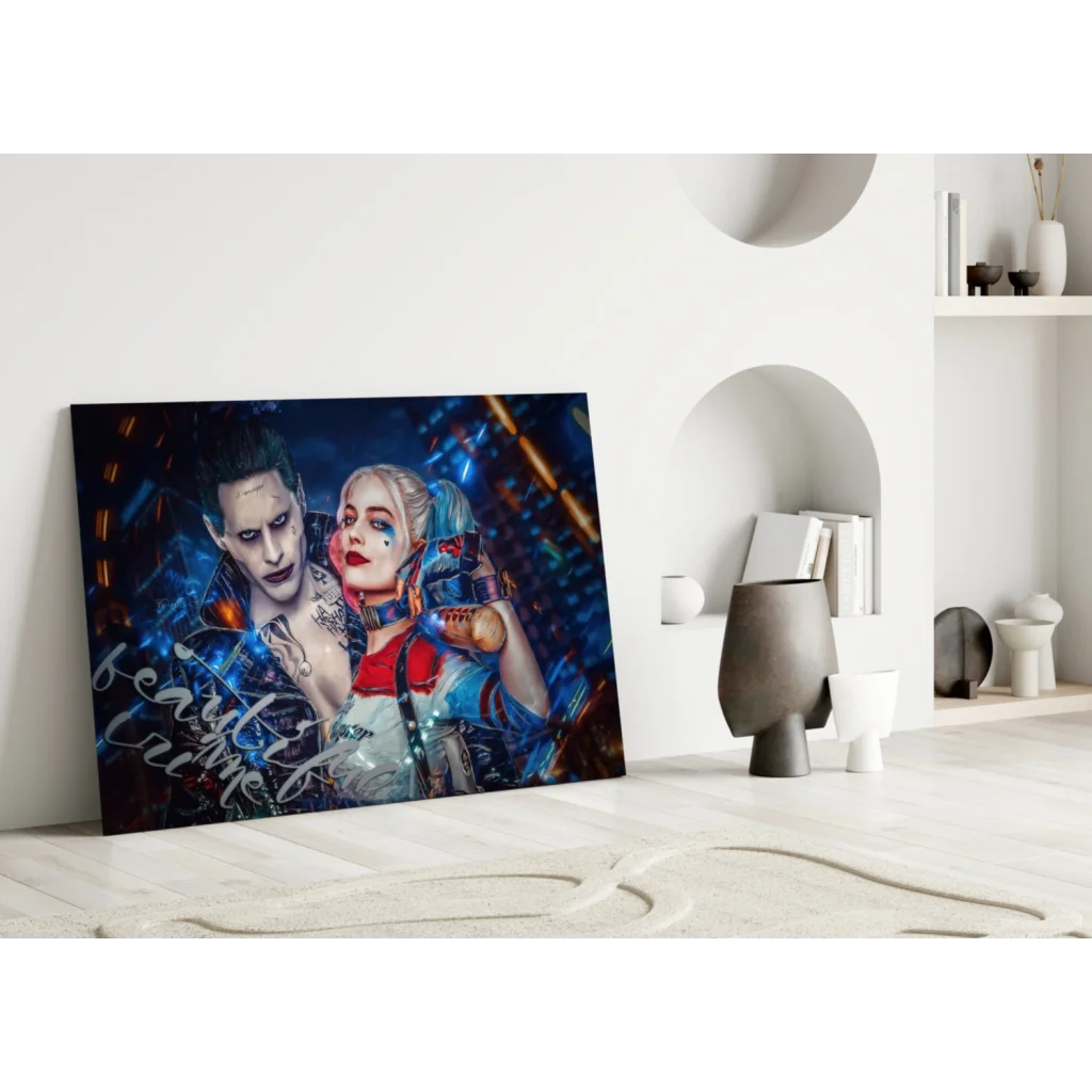 Joker and Harley Quinn glass wall art canvas print on vibrant cosmic backdrop