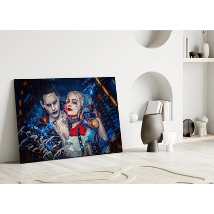 Joker and Harley Quinn glass wall art canvas print on vibrant cosmic backdrop