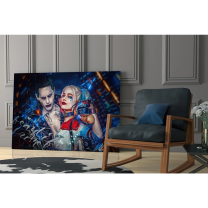 Vibrant Joker and Harley Quinn glass wall art canvas print