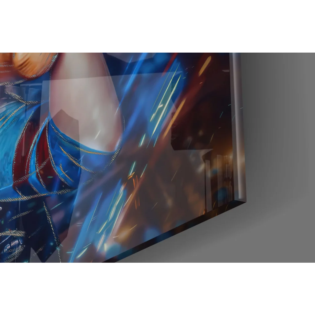 Joker and Harley Quinn glass wall art canvas print with blue red superhero theme and gold accents