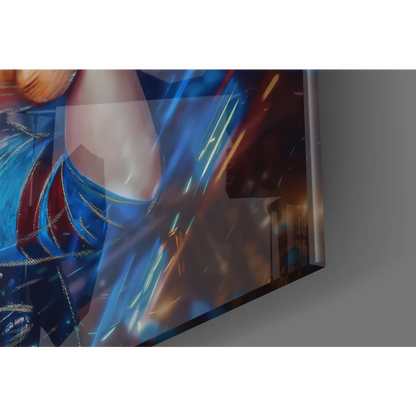 Joker and Harley Quinn glass wall art canvas print with blue red superhero theme and gold accents