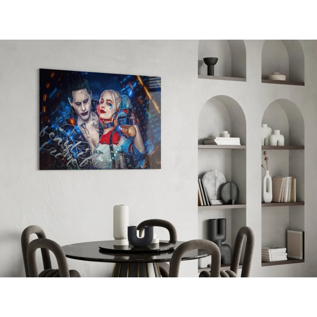 Vibrant Joker and Harley Quinn glass wall art canvas print