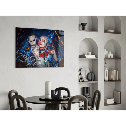 Vibrant Joker and Harley Quinn glass wall art canvas print