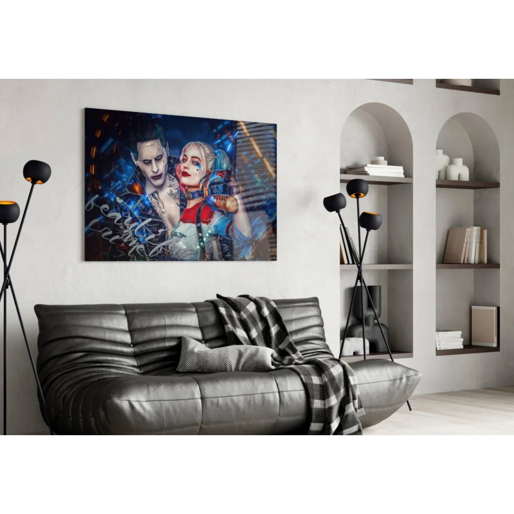 Vibrant Joker and Harley Quinn glass wall art print on canvas