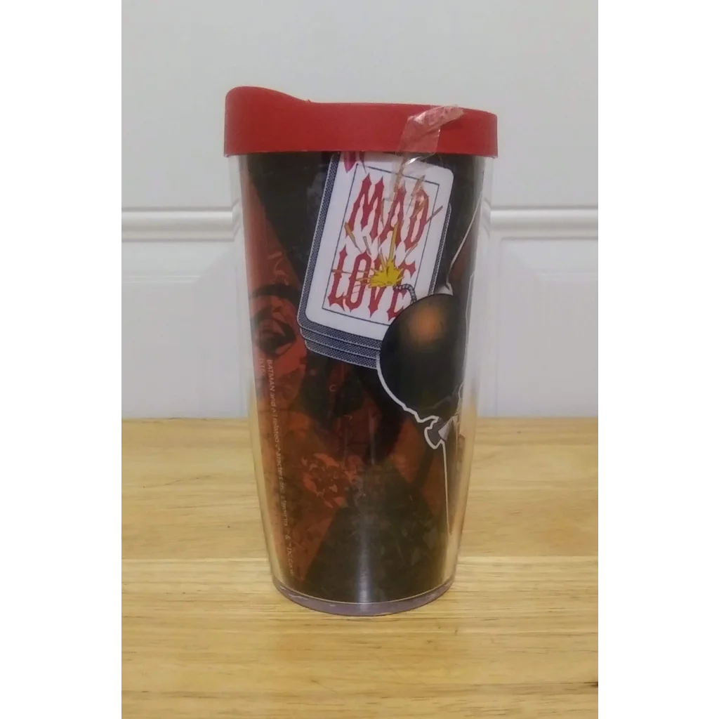 Harley Quinn Mad Love tumbler with red lid and black interior