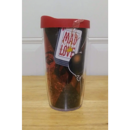 Harley Quinn Mad Love tumbler with red lid and black interior