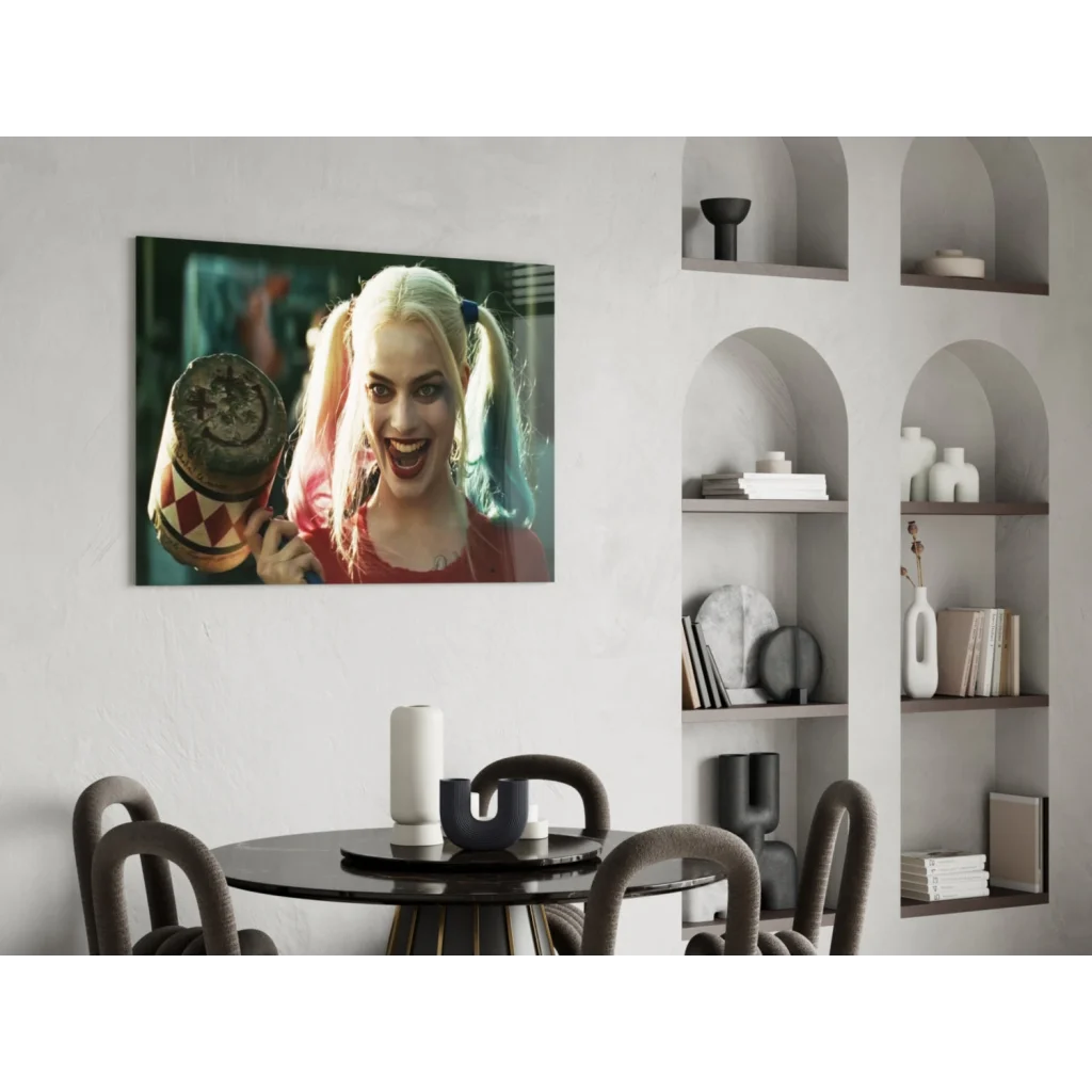 Harley Quinn with mallet on vibrant glass wall art canvas print