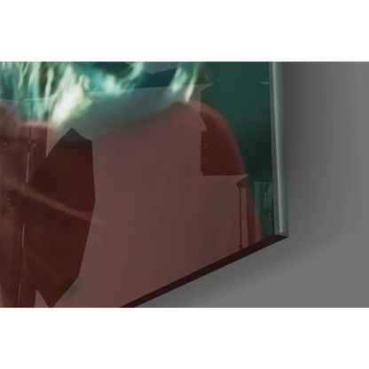 Sleek silver-framed glass wall art of Harley Quinn mallet in teal and reddish-brown