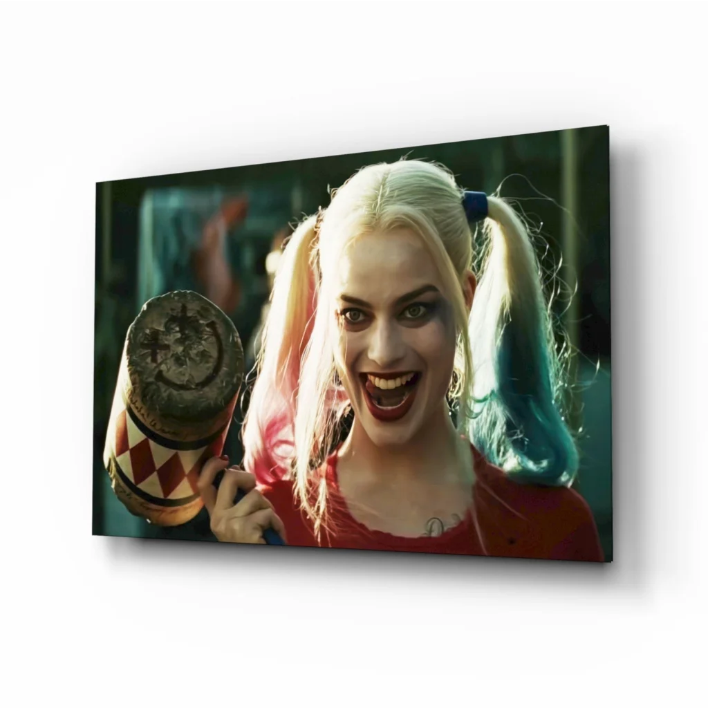 Harley Quinn with mallet on vibrant glass wall art canvas print