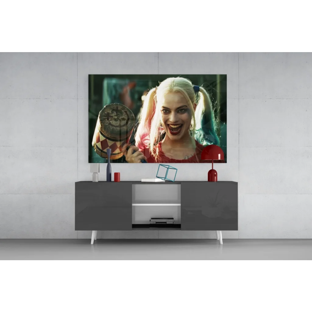 Harley Quinn glass wall art poster with pink teal pigtails and mallet