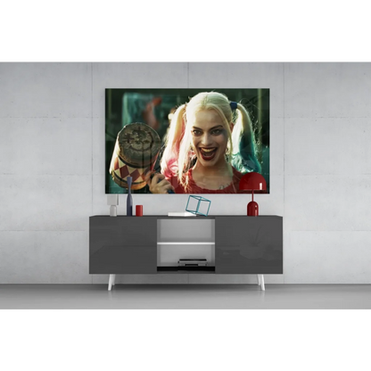 Harley Quinn glass wall art poster with pink teal pigtails and mallet