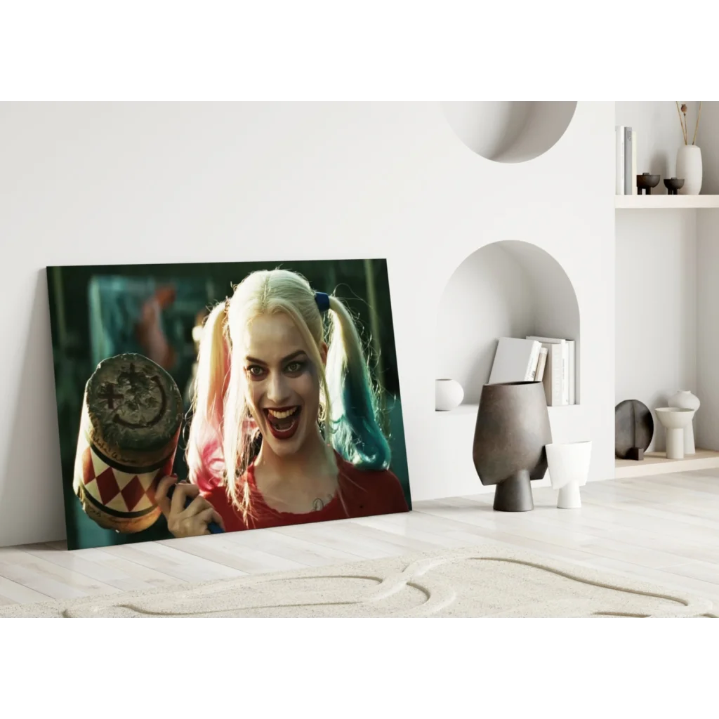 Harley Quinn glass wall art with pink-blue pigtails and checkered mallet