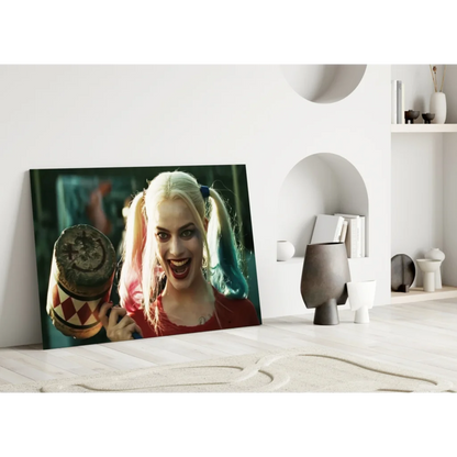 Harley Quinn glass wall art with pink-blue pigtails and checkered mallet