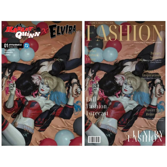 Harley Quinn and Elvira comic collectible in red black white costume with blue hair accents