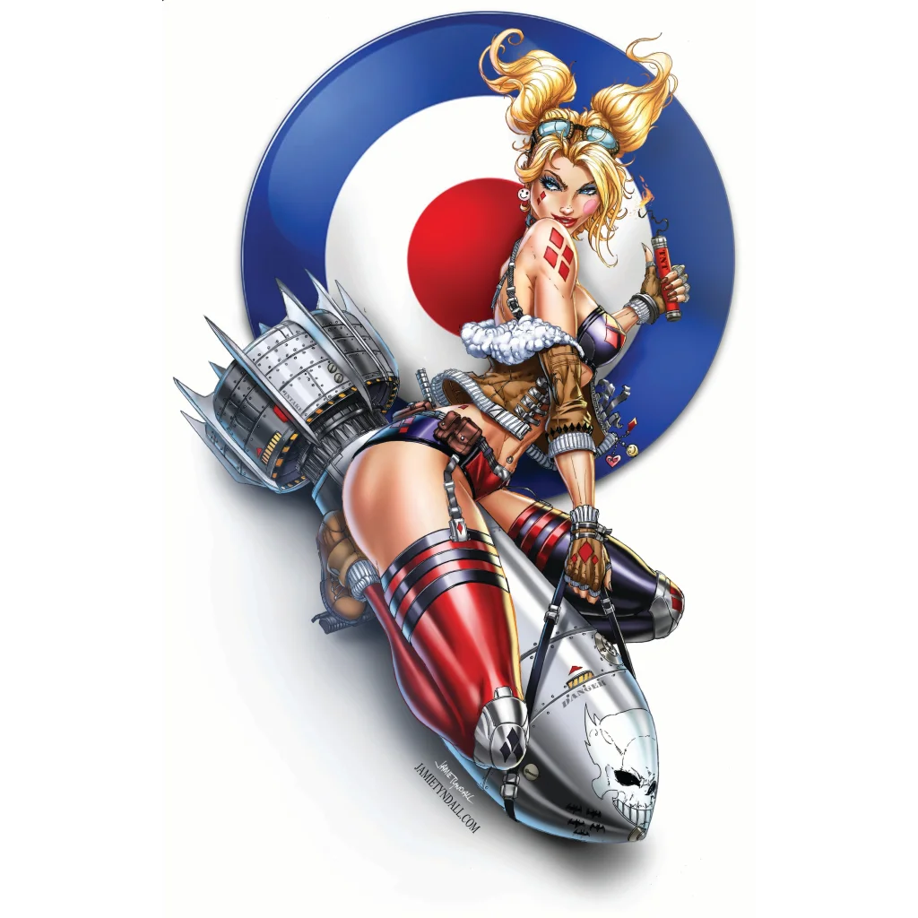 Harley Quinn rides skull rocket in brushed aluminum print