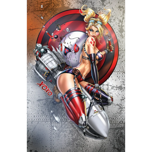Harley Quinn in red black outfit rides silver rocket on brushed aluminum print