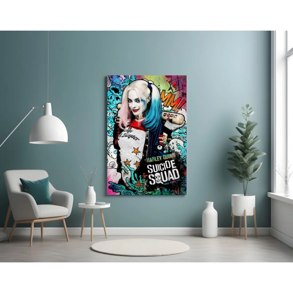 Vibrant Harley Quinn graffiti canvas wall art with pop-art comic style