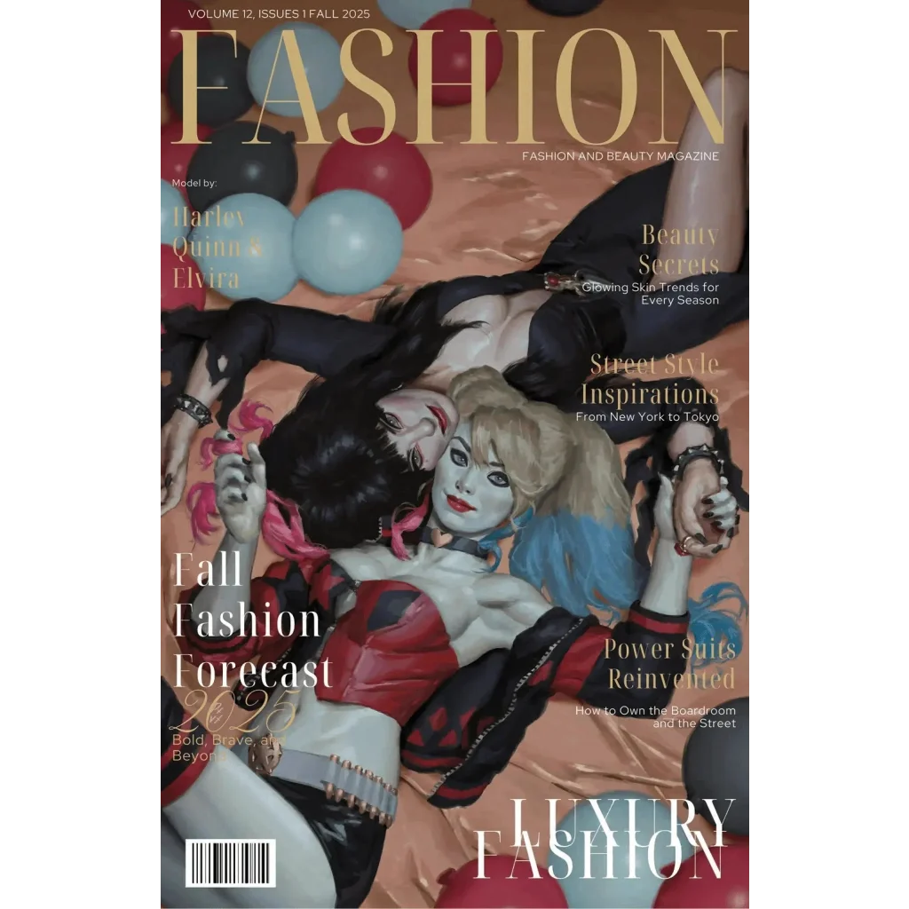 Cover of harley quinn x elvira quinn x elvira comic book fashion magazine variant in red and black costume fall 2025