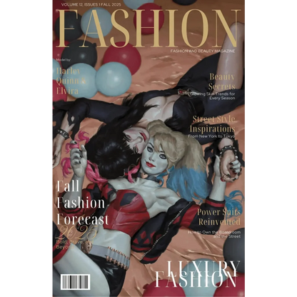 Cover of harley quinn x elvira quinn x elvira comic book fashion magazine variant in red and black costume fall 2025