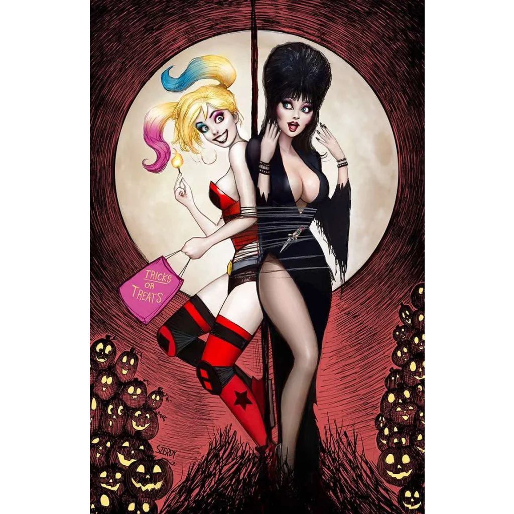 Harley Quinn x Elvira comic by Amanda Conner Halloween edition art