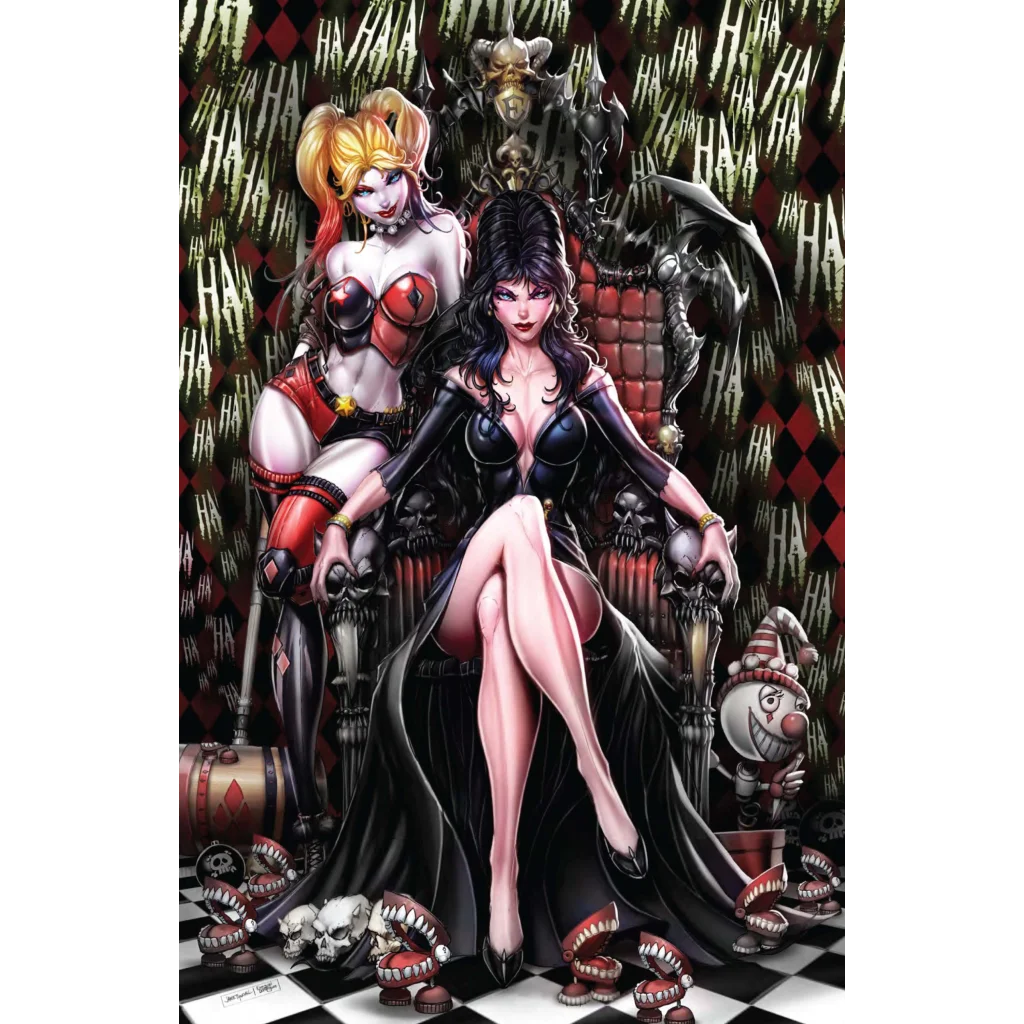 Harley Quinn x Elvira NYCC comic cover with Quinn and Ivy on throne