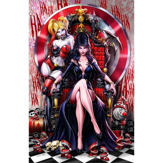 Dark blue Harley Quinn x Elvira NYCC gown with plunging neckline