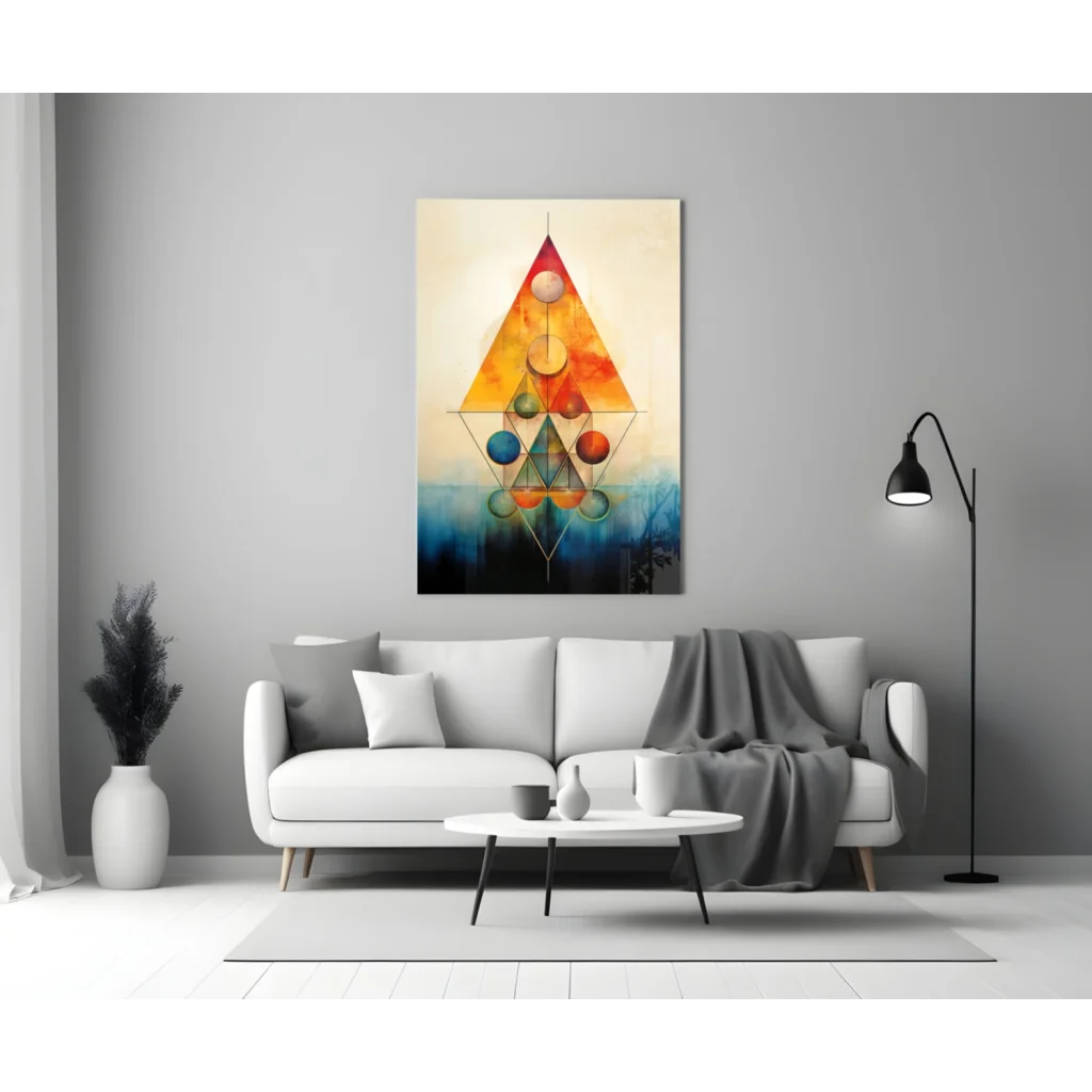 Vibrant geometric triangle wall art with colorful spheres in orange hues