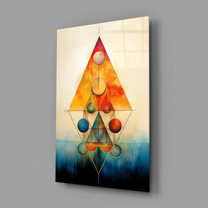 Vibrant geometric wall art with overlapping triangles and colorful spheres in orange, red, blue, teal on gradient background