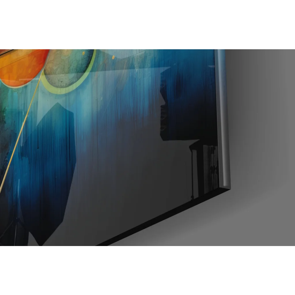 Sleek TV displaying vibrant geometric triangle wall art with colorful spheres