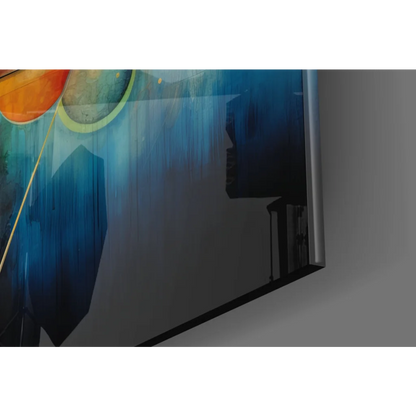 Sleek TV displaying vibrant geometric triangle wall art with colorful spheres