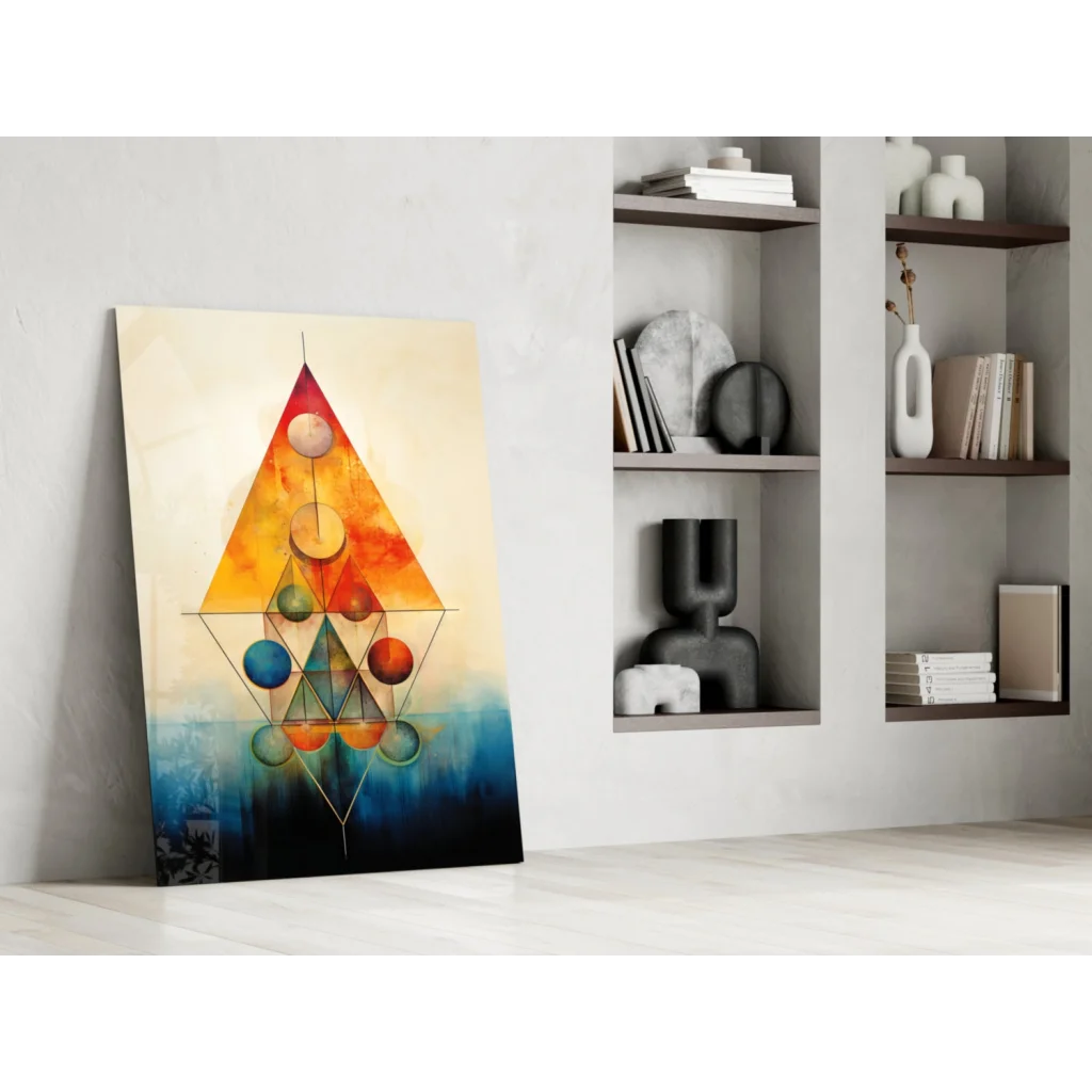 Vibrant geometric triangle wall art with colorful spheres in orange, yellow, blue, green