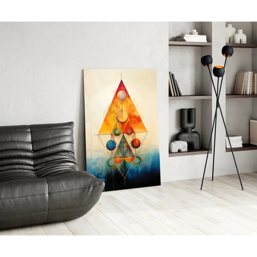 Vibrant geometric triangle glass wall art with colorful spheres