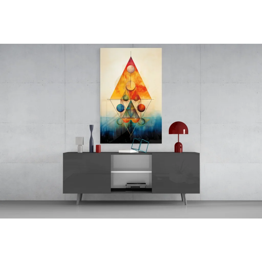 Vibrant geometric triangle wall art with colorful spheres in orange, yellow, blue